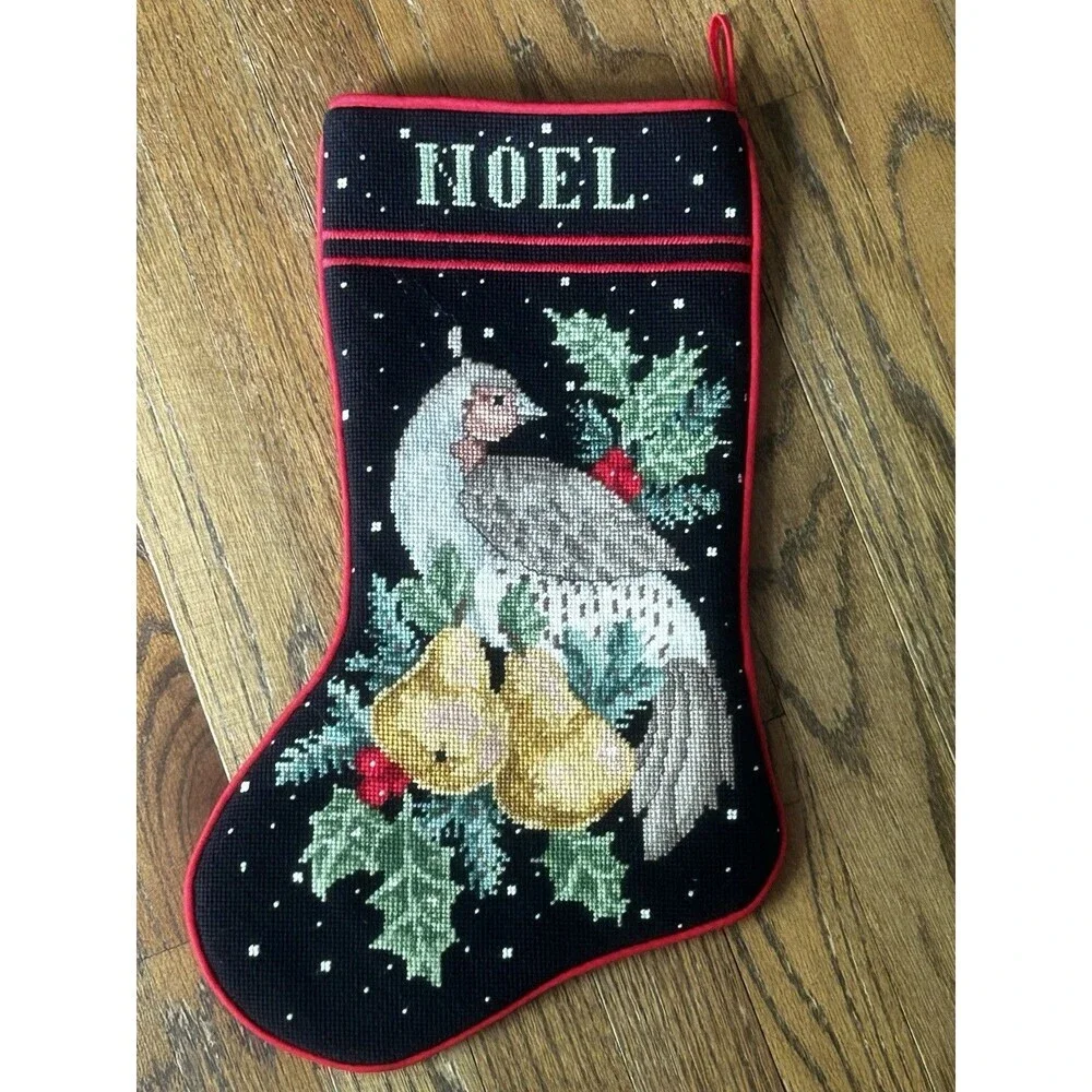 Needlepoint Stocking Noel Partridge in a Pear Tree Bird Christmas Holidays